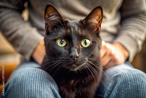 Adorable black cat with bright green eyes and pink nose sits comfortably on a person's lap, gazing directly at the camera with a curious expression. photo