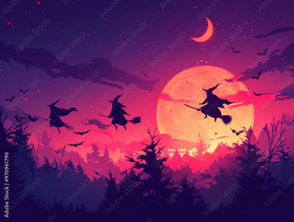 Twilight with witches on broomsticks, magical Halloween, flat design illustration., Twilight with witches on broomsticks, magical Halloween, flat design illustration.,