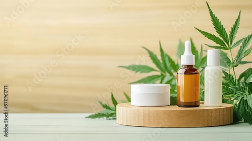 Eco-conscious beauty products on a natural wood podium, surrounded by green plants, chemical-free ingredients, emphasizing relaxation and sustainability photo