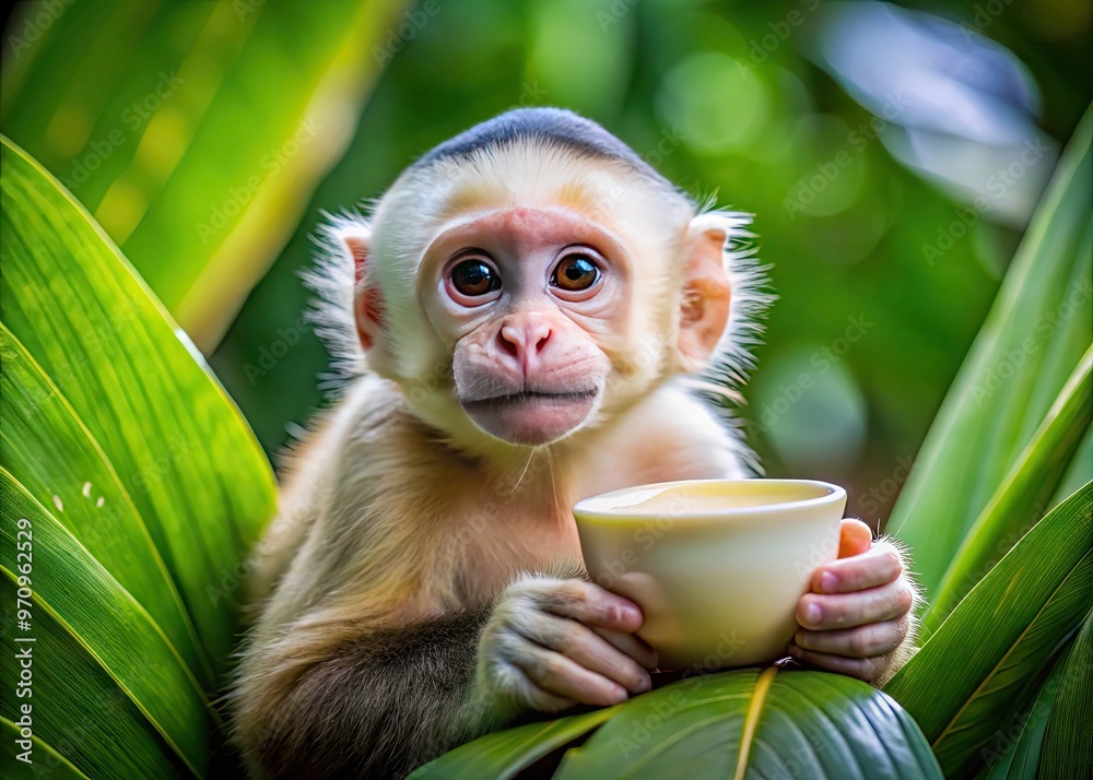 Adorable capuchin monkey curls up with a saucer-eyed gaze, cradling a ...