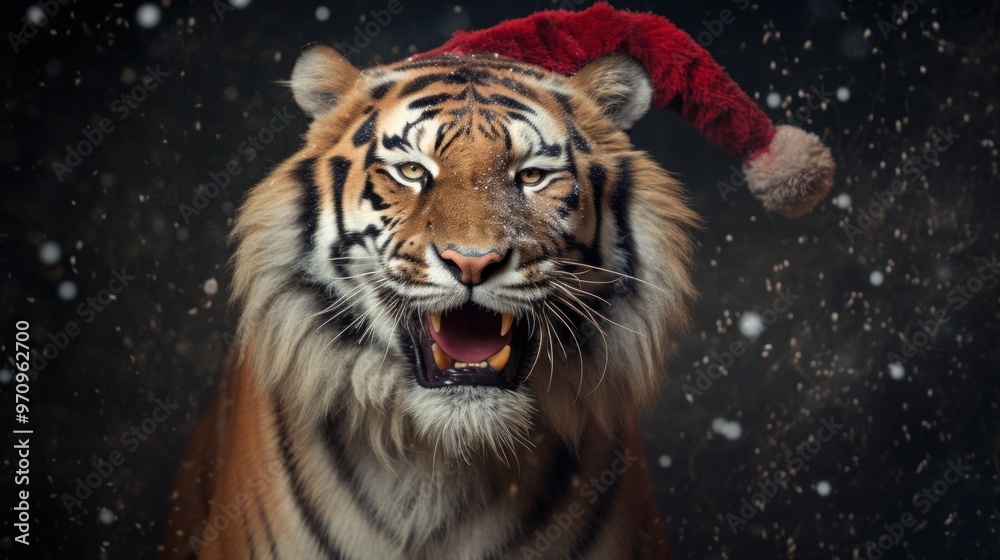 Portrait of a tiger in Santa hat. Christmas background. Portrait of a tiger in Santa hat. Christmas background.