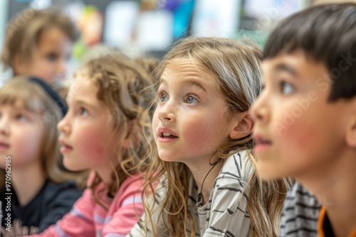 Children in class listen enthusiastically to the teacher