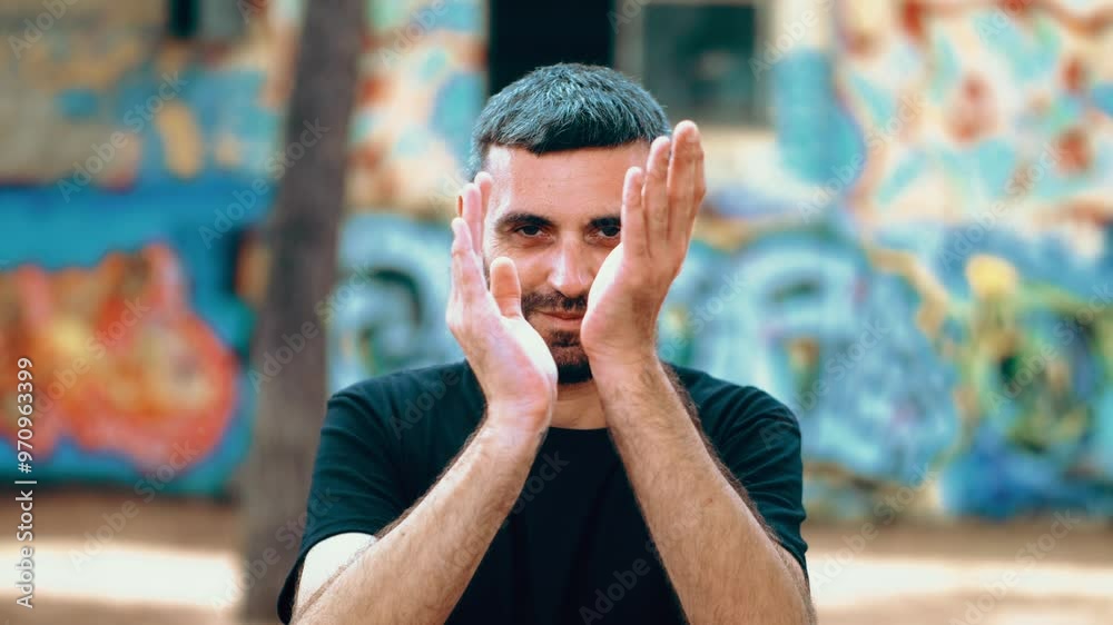 A man claps his hands enthusiastically, his smile broad and eyes shining with excitement. His animated gesture and positive expression convey strong approval and joy. A man claps his hands enthusiastically, his smile broad and eyes shining with excitement. His animated gesture and positive expression convey strong approval and joy.