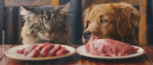 A cat and a dog curiously inspect plates of raw meat, sharing an intense moment of anticipation at a dining table. photo