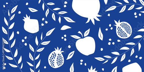 Blue and white botanical hand drawn background with pomegranates, branches and apple, jewish holidays, israeli traditional new year, rosh hashana, shana tova. Pattern for celebration, greeting cards.