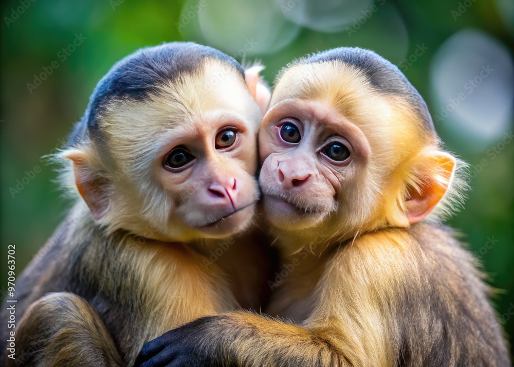 Poster Print Adorable capuchin monkey wraps its arms around a fellow primate expressing affection and warmth in a tender heartwarming display of
