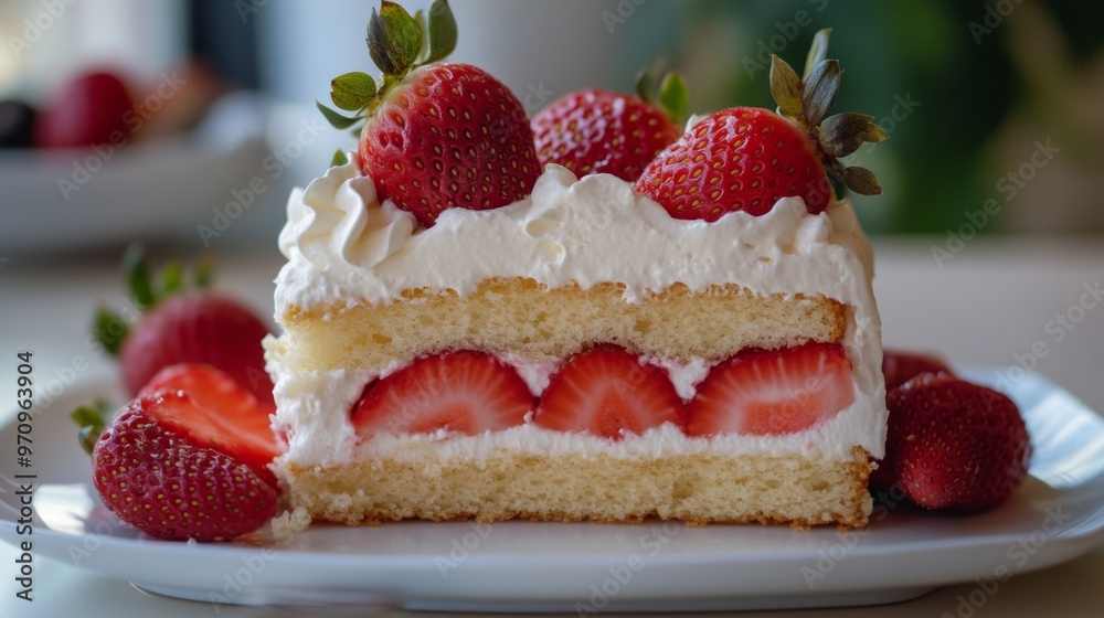 A beautifully presented slice of sponge cake filled and topped with fresh strawberries and whipped cream, perfect for dessert lovers seeking a delightful and delicious treat. A beautifully presented slice of sponge cake filled and topped with fresh strawberries and whipped cream, perfect for dessert lovers seeking a delightful and delicious treat.