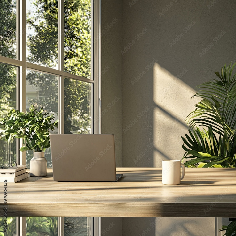 Fototapeta premium Minimalist Home Office with Natural Light and Modern Design