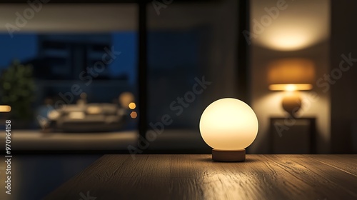 A lit spherical lamp sits on a wooden table, with a blurred cityscape background and a second lamp in the background. photo