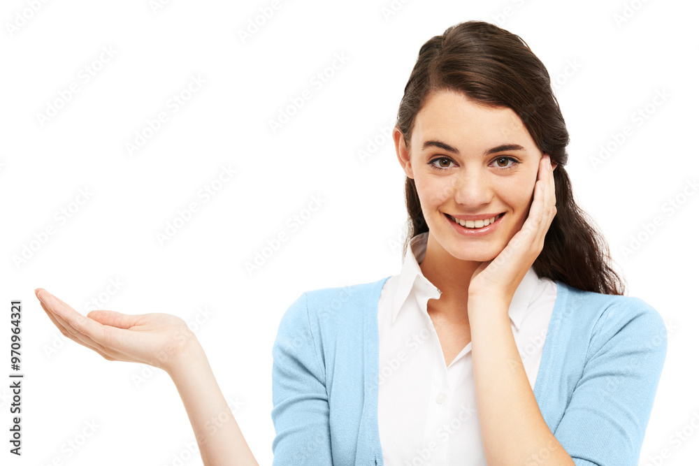Happy, woman and portrait with hand for advertisement for college recruitment and apply in studio. Student council, mockup and present promotion for university with announcement and white background Happy, woman and portrait with hand for advertisement for college recruitment and apply in studio. Student council, mockup and present promotion for university with announcement and white background
