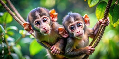 Adorable, curious, and playful little tiny monkeys, with fur so soft and eyes so bright, swinging from branches in a lush, vibrant jungle habitat. photo