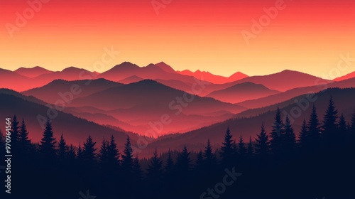 A stunning sunset captures the beauty of rolling mountain ranges, bathed in warm red and orange hues, with silhouettes of pine trees in the foreground, creating a tranquil and mesmerizing scene.