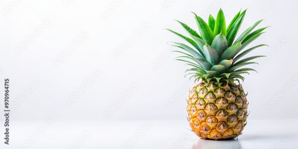 Fresh whole pineapple with green leaves on white background, tropical, fruit, juicy, organic, sweet, summer, yellow, healthy Fresh whole pineapple with green leaves on white background, tropical, fruit, juicy, organic, sweet, summer, yellow, healthy