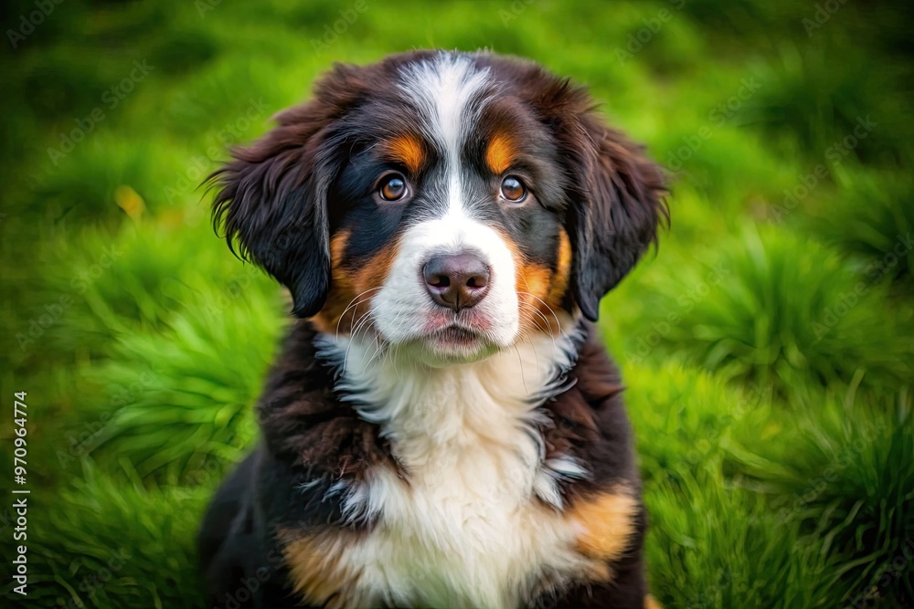 Adorable fluffy Bernese Mountain Dog puppy with white, black, and rust coat, sitting on green grass, looking up with big brown curious eyes. Adorable fluffy Bernese Mountain Dog puppy with white, black, and rust coat, sitting on green grass, looking up with big brown curious eyes.
