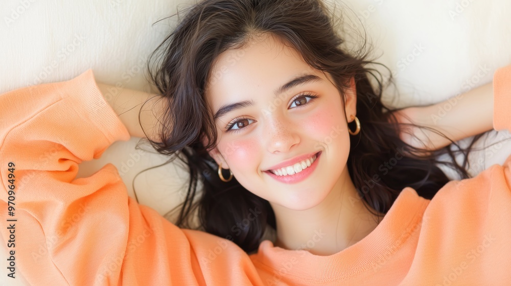 Smiling young woman relaxing on bed in casual orange sweater Smiling young woman relaxing on bed in casual orange sweater