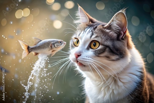 Adorable grey and white whiskered cat proudly holds a freshly caught fish in its mouth, sparkling water droplets glisten on its fur and scales. photo