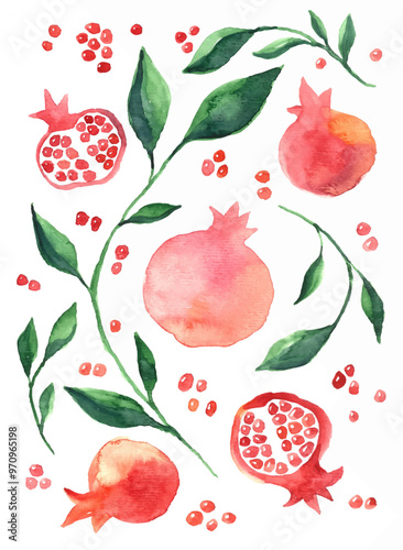 Watercolor hand drawn vector illustration with floral ornament of red juicy pomegranates (garnets) and green branches. Decorative background for israeli holidays, New Year, Rosh Hashanah. Shana tova!