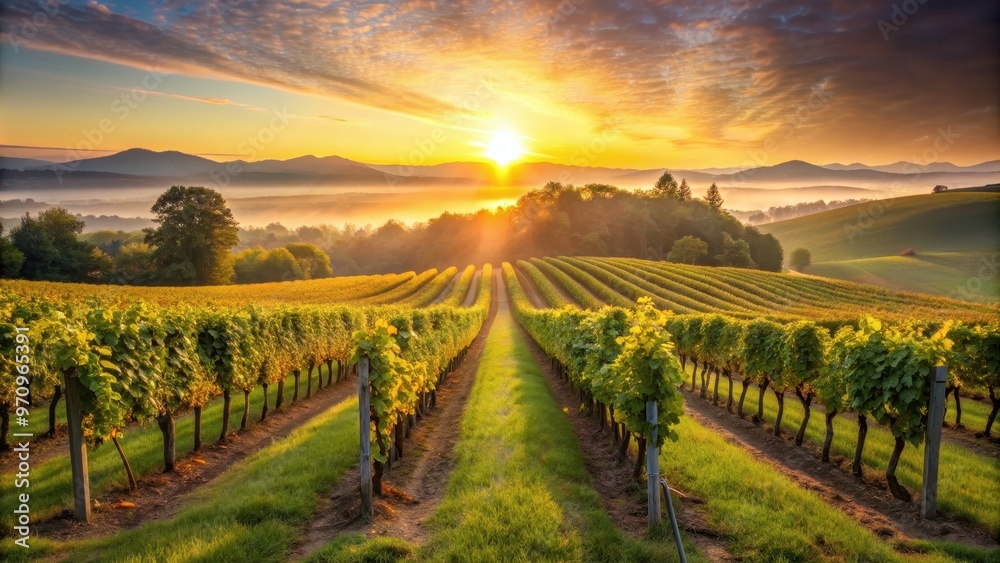Beautiful vineyard bathed in the soft light of sunrise, vineyard, morning, sun, sunrise, dawn, grapes, winery, agriculture Beautiful vineyard bathed in the soft light of sunrise, vineyard, morning, sun, sunrise, dawn, grapes, winery, agriculture