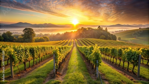 Wallpaper Mural Beautiful vineyard bathed in the soft light of sunrise, vineyard, morning, sun, sunrise, dawn, grapes, winery, agriculture Torontodigital.ca