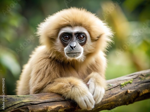 Adorable lar gibbon monkey with fur fluffed up, sitting on a branch, looking straight at the camera with big, curious, expressive brown eyes. photo