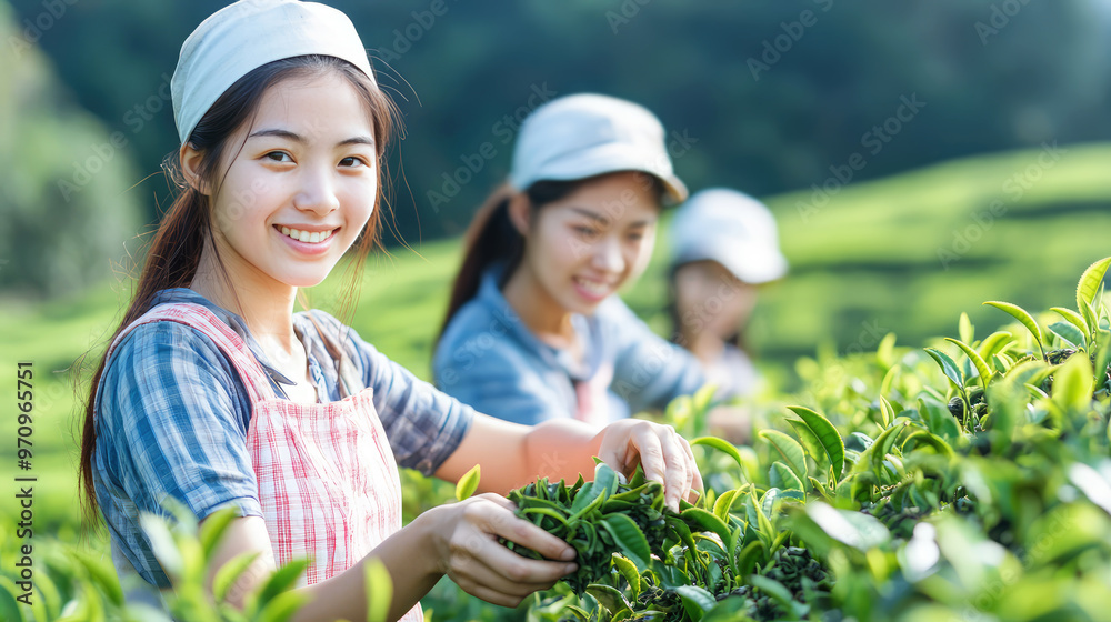 Fototapeta premium Happy Chinese young women picking fresh tea leaves at tea plantation