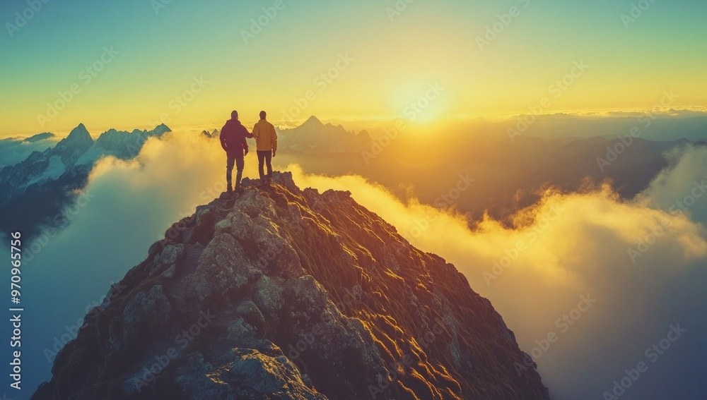 Two Hikers on a Mountain Peak at Sunset Two Hikers on a Mountain Peak at Sunset