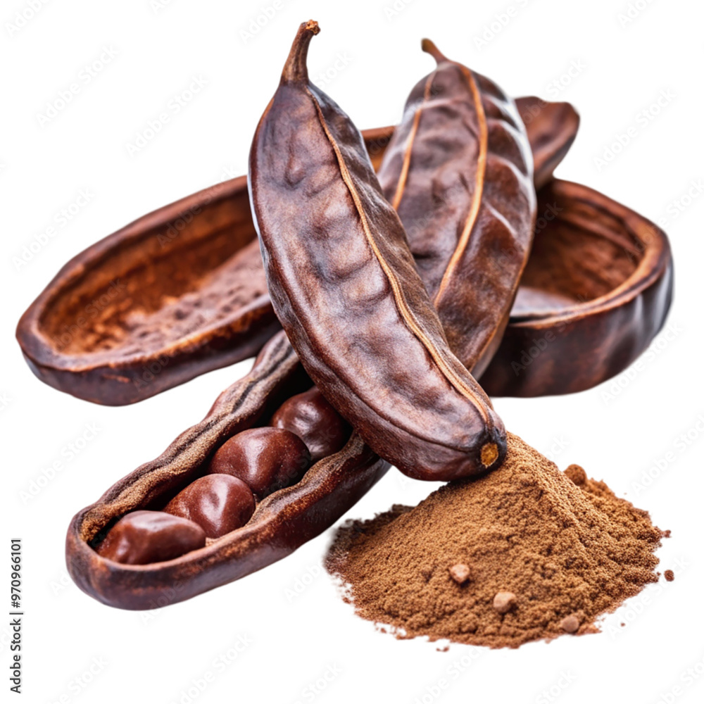 Carob pod and carob powder Isolated on transparent background.