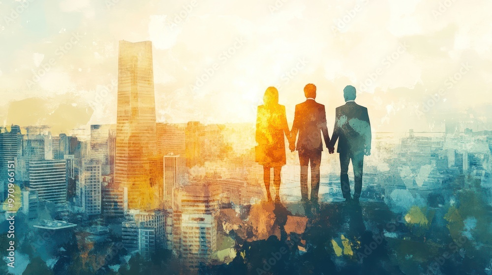 Silhouettes of Three People Holding Hands Over Cityscape Silhouettes of Three People Holding Hands Over Cityscape
