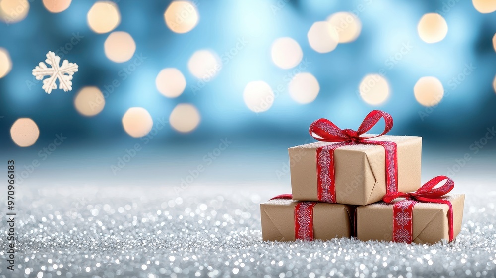 Festive Christmas Gifts Surrounded by Snowflakes in Winter Wonderland Scene Festive Christmas Gifts Surrounded by Snowflakes in Winter Wonderland Scene