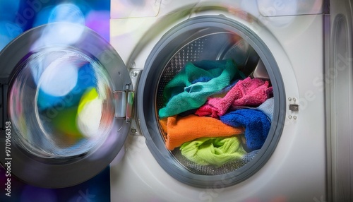 A washing machine is filled with a variety of colored clothes