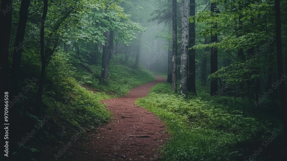 Obraz premium A tranquil, nature-filled scene with a winding dirt path cutting through a lush, green forest setting. Mist envelopes the background, adding a sense of mysticism and calmness to the image.