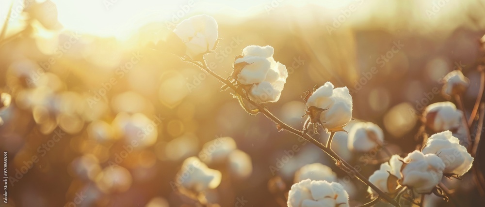 Naklejka premium Cotton plants illuminated by soft, warm sunlight, creating a peaceful scene in a lush cotton field.