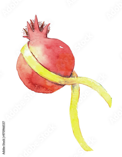 Support Israel, symbol of hope to bring them home, yellow ribbon on the pomegranate, symbol of israeli new year. Watercolor hand drawn vector illustration. Conceptual. Shana tova, am yisrael chai!