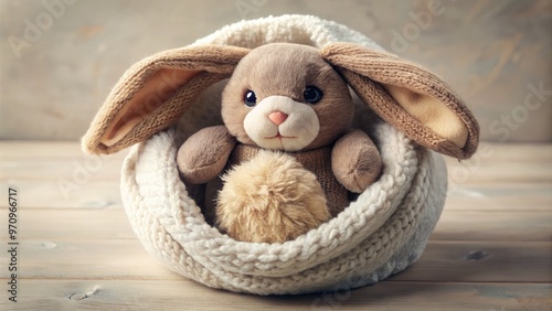 Adorable plush rabbit with soft, velvety fur and endearing facial expression snuggles into a cozy ball, exuding warmth and childlike wonder in a nostalgic pose. photo