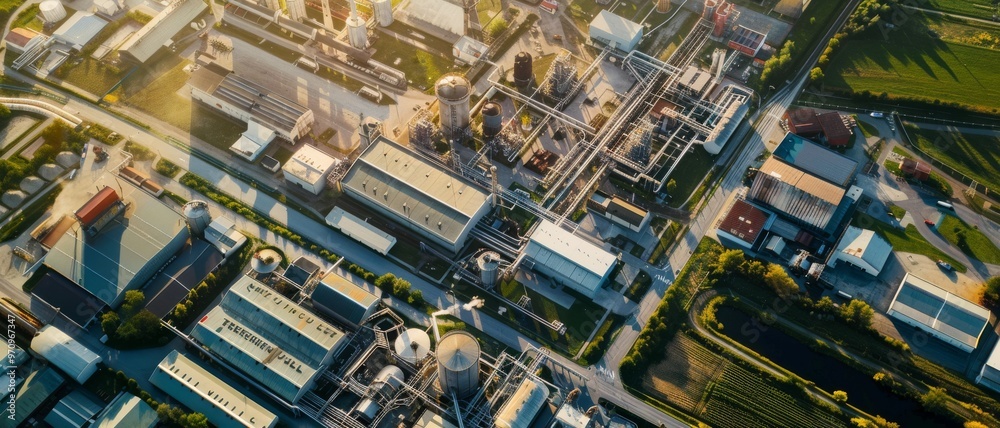 An aerial view of an expansive industrial complex with pipes, buildings, and greenery in the surrounding area, bathed in warm sunlight.