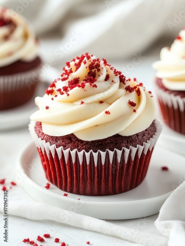 A delicious red velvet cupcake topped with creamy frosting and red sprinkles.