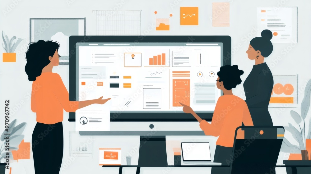 Three diverse businesspeople reviewing data on a large monitor in an office. Three diverse businesspeople reviewing data on a large monitor in an office.