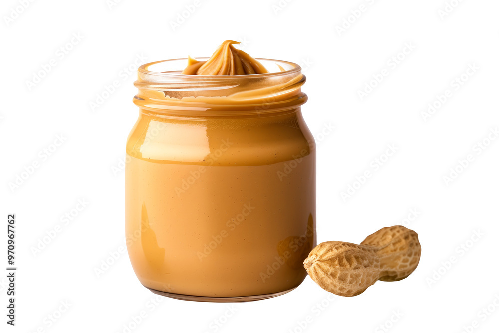 Glass jar with creamy peanut butter spread isolated on white transparent background. Concept of food and nutrition, emphasizing texture and detail Glass jar with creamy peanut butter spread isolated on white transparent background. Concept of food and nutrition, emphasizing texture and detail