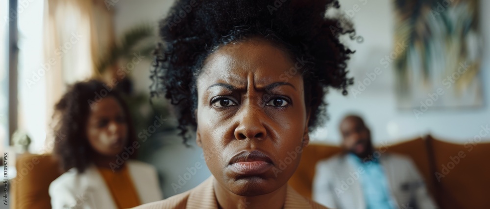 Fototapeta premium Woman with an intense and serious expression, flanked by two colleagues in a loft-style office space.