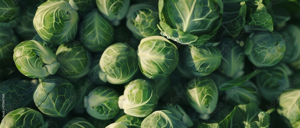 An overhead shot of a bunch of freshly harvested Brussels sprouts, showcasing their vibrant green colors and natural textures. An overhead shot of a bunch of freshly harvested Brussels sprouts, showcasing their vibrant green colors and natural textures.