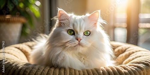 Adorable white Persian cat with bright green eyes and a fluffy coat lies peacefully on a soft cushion, surrounded by warm sunlight and gentle shadows. photo