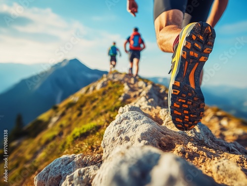 Three trail runners progress on a rocky mountain trail at sunrise, capturing a sense of adventure, fitness, and the beauty of nature against a backdrop of mountain peaks.