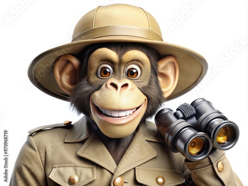 Adventurous primate mascot wearing a khaki pith helmet, binoculars, and safari jacket, posed with a friendly smile, conveying exploration and curiosity in a playful manner. photo