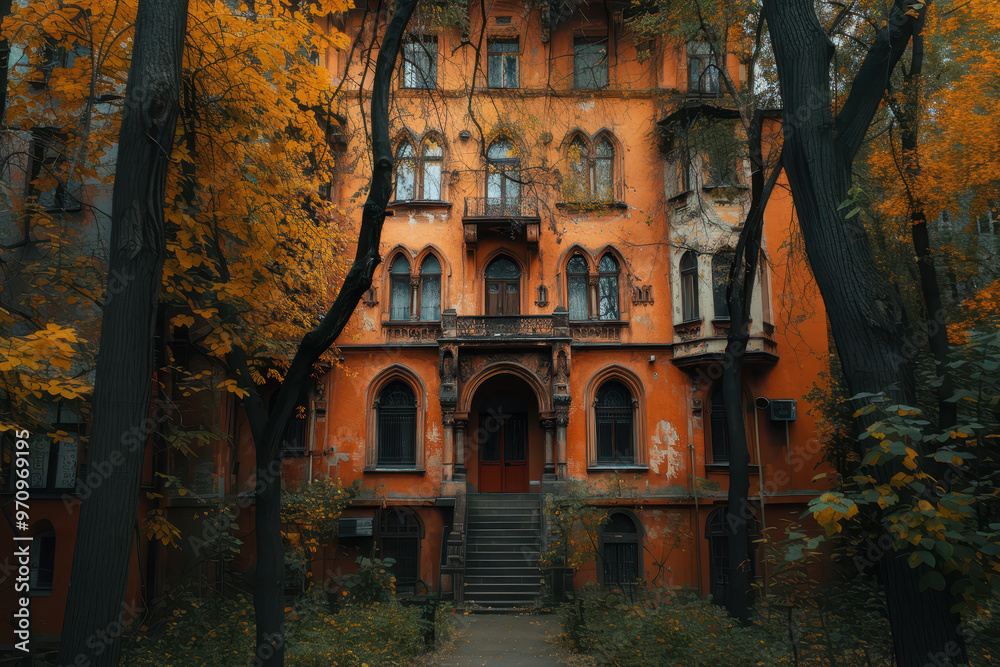 Old building with arched windows, tall and wide, on old street, trees grow around it, gothic architecture.