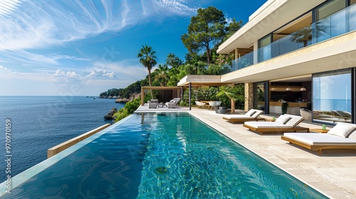 This image presents a luxurious villa with an idyllic infinity pool and ocean backdrop, surrounded by lush palm trees, cozy sun loungers, and elegant modern architecture, perfect for a tranquil retre photo