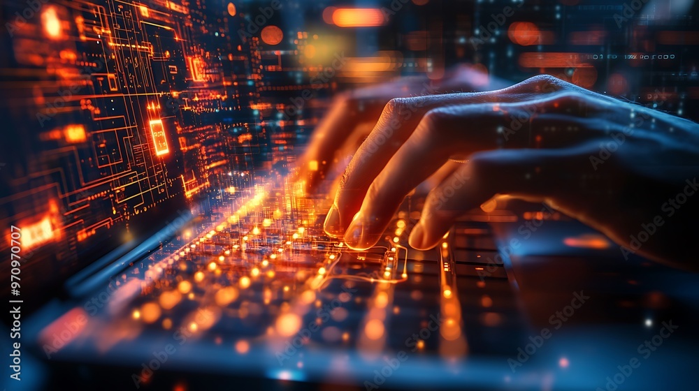 Hands Typing on a Laptop with Glowing Circuitry and Binary Code Hands Typing on a Laptop with Glowing Circuitry and Binary Code