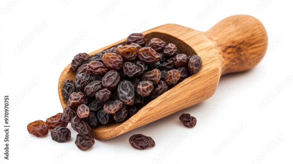 Raisin grain in wooden scoop spoon closeup view