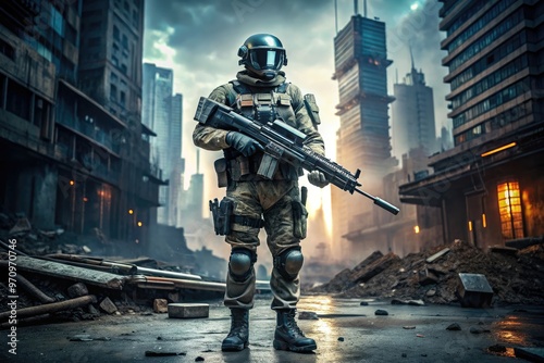 A futuristic tactical soldier wearing a sleek stealth camouflage exosuit and holding a high-tech rifle, surrounded by a dimly lit urban war-torn cityscape backdrop. photo