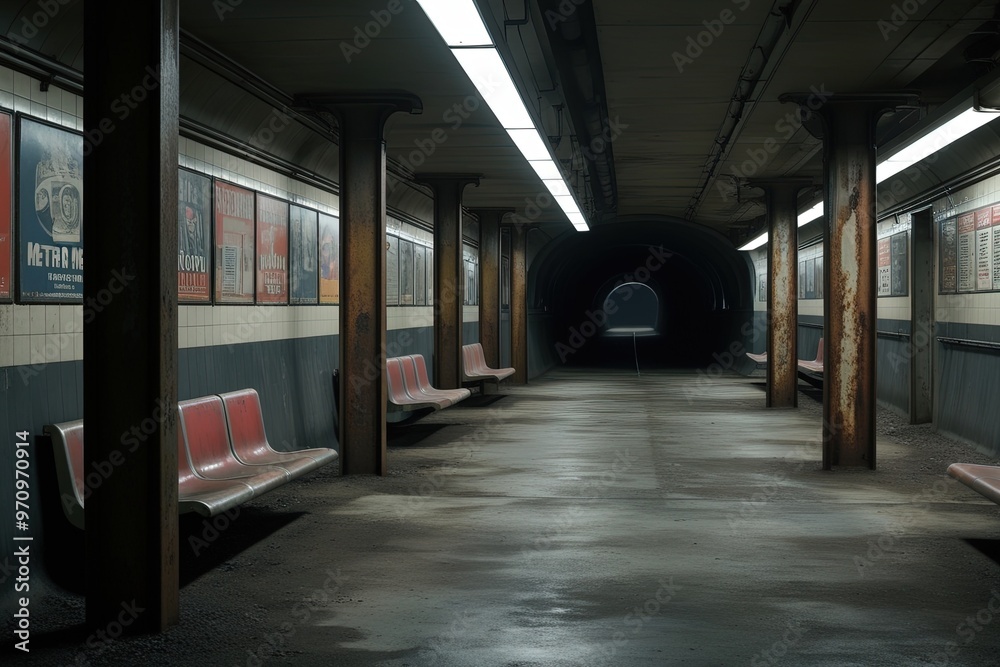 A dimly lit, deserted subway metro interior with worn, faded advertisements lining the walls, dim fluorescent lights casting eerie shadows on the worn, grey concrete floor. A dimly lit, deserted subway metro interior with worn, faded advertisements lining the walls, dim fluorescent lights casting eerie shadows on the worn, grey concrete floor.