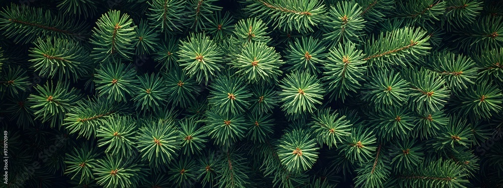 A dense cluster of green pine branches forms an intricate pattern that adds depth and texture to the background A dense cluster of green pine branches forms an intricate pattern that adds depth and texture to the background
